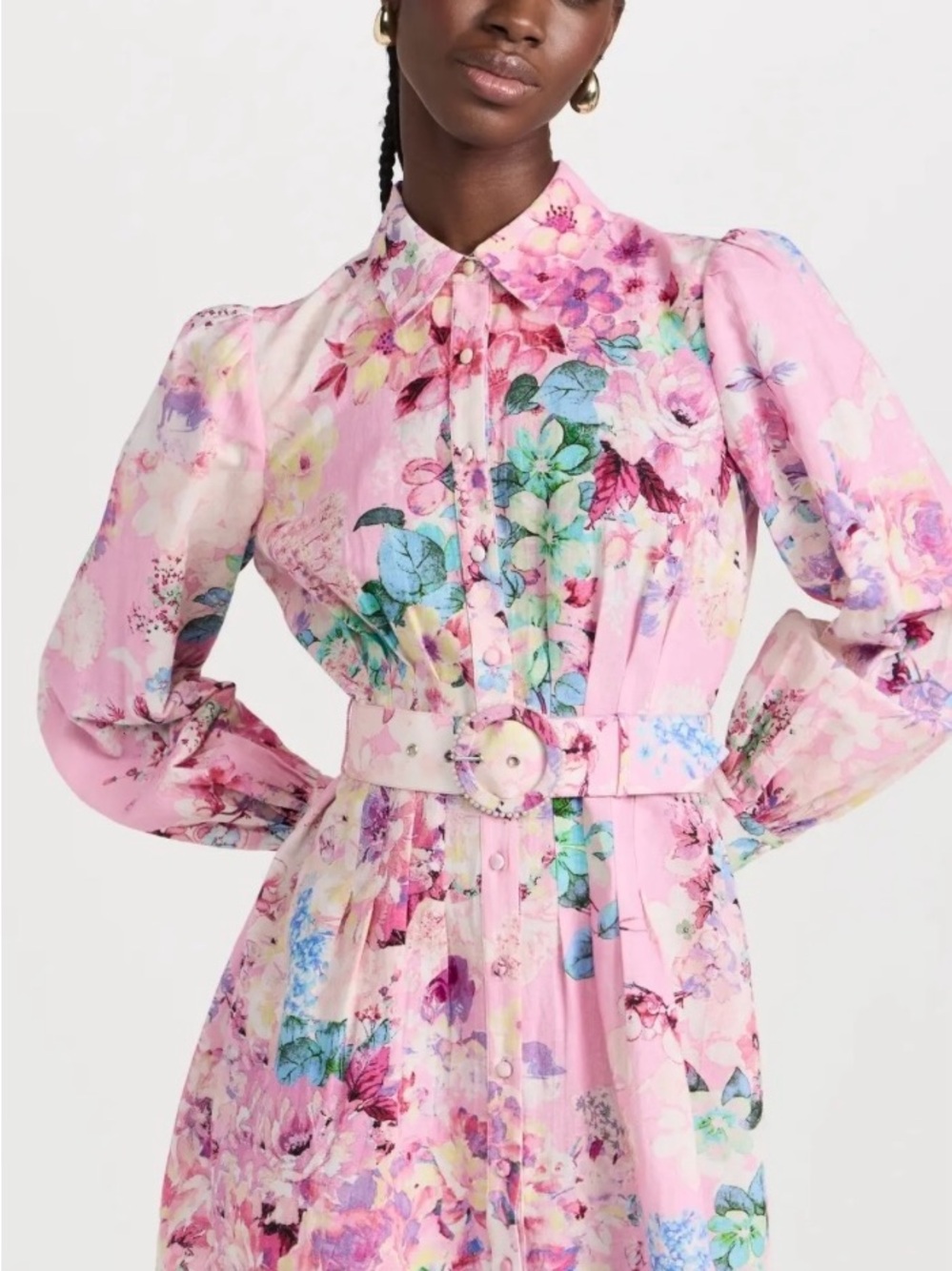 HEMANT & NANDITA Pastel Pink Floral Button-Front Long-Sleeve Dress with Belt - Picture 2 of 5